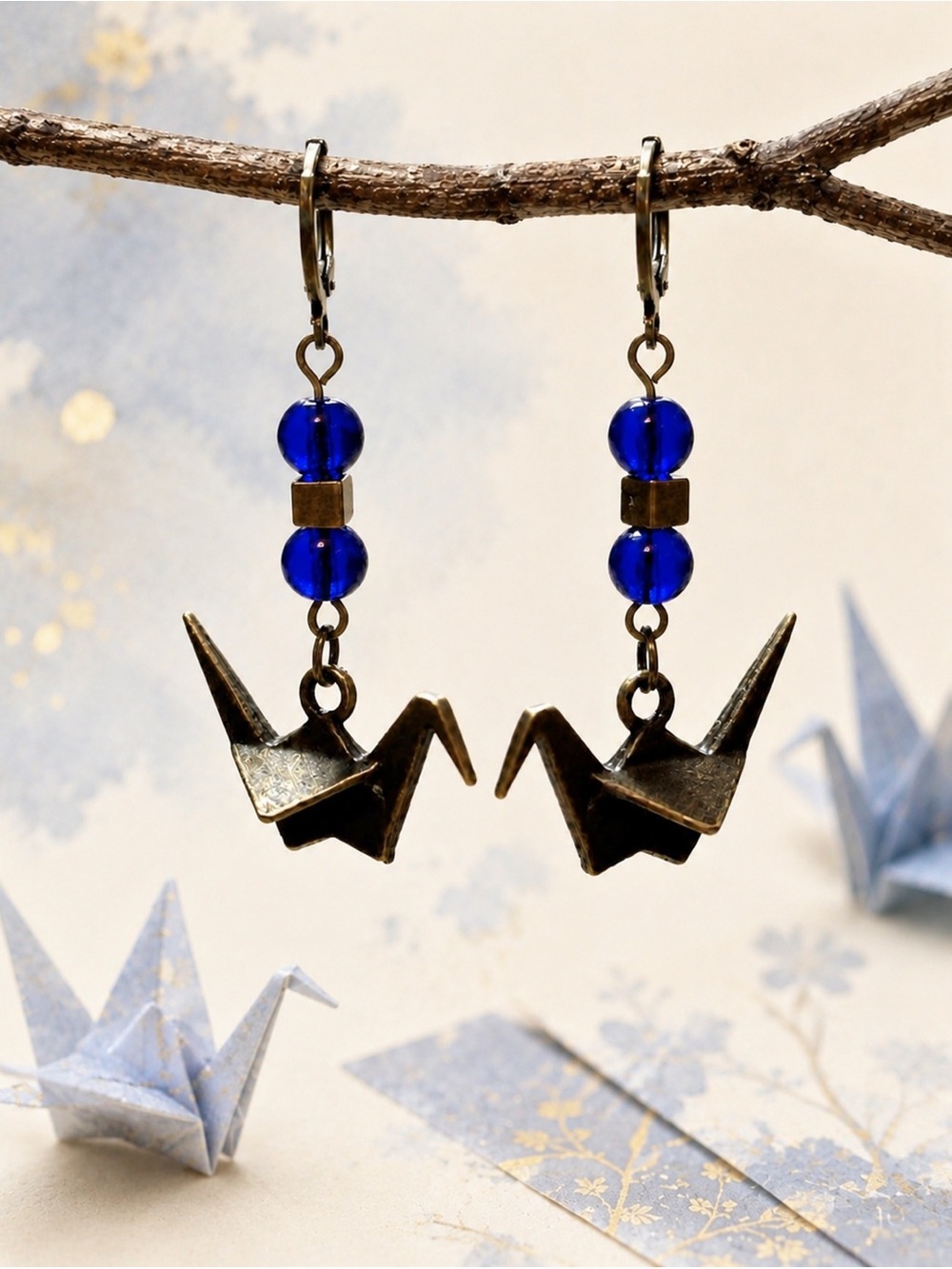 Origami Paper Crane Earrings, Cobalt Blue  Beads, Antique Bronze Bird Dangle